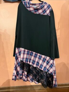 Black Asymmetrical dress with Red & Blue Plaid Panels and Lace Trim